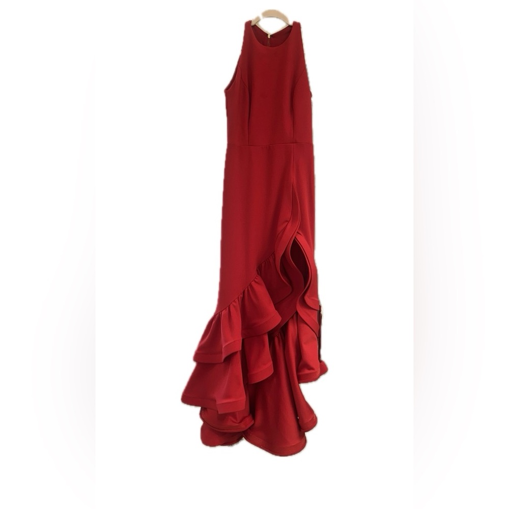 Betsy & Adam Red Asymmetrical Ruffle Gown - Picture 5 of 9